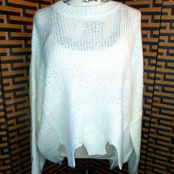 Blue Blush "Made With Love" Distressed Hem Crewneck Cable knit Baggy Sweater - Picture 3 of 7